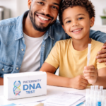 Father and son with paternity test